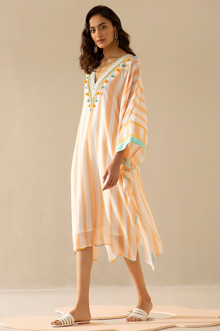 Peach & Ivory Muslin Stripe Kaftan by Sureena Chowdhri at Pernia's Pop Up Shop