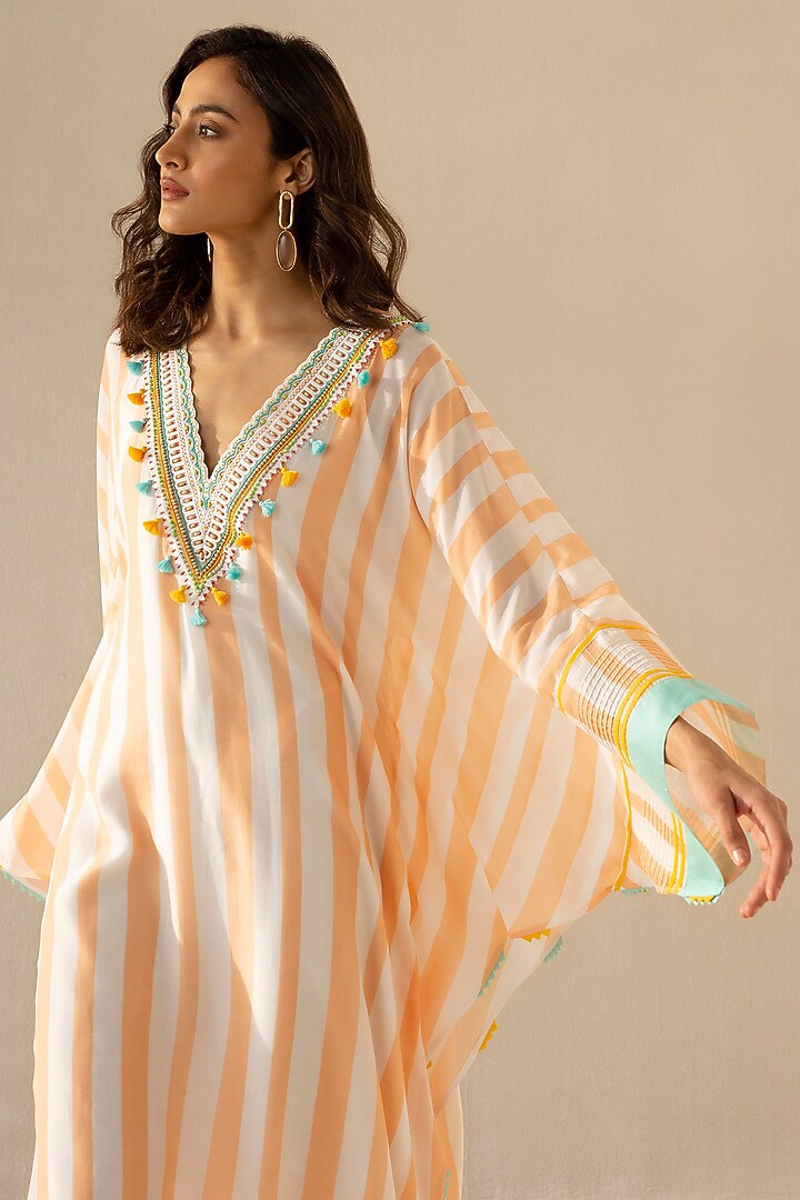 Peach & Ivory Muslin Stripe Kaftan by Sureena Chowdhri at Pernia's Pop Up Shop