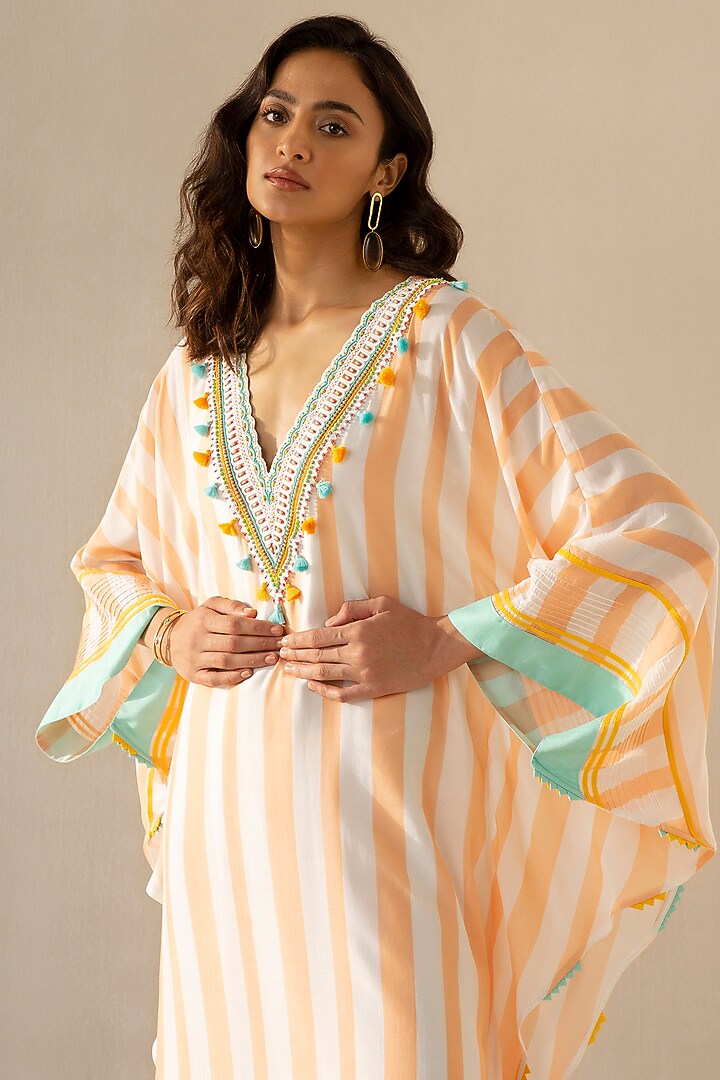 Peach & Ivory Muslin Stripe Kaftan by Sureena Chowdhri at Pernia's Pop Up Shop