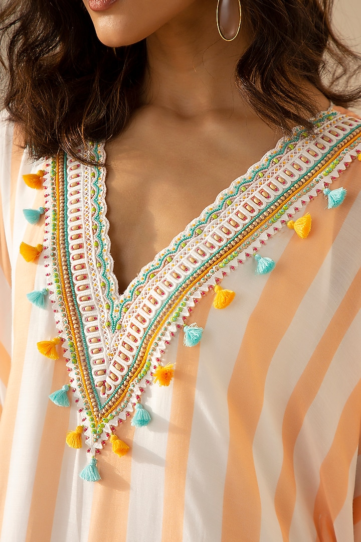 Peach & Ivory Muslin Stripe Kaftan by Sureena Chowdhri at Pernia's Pop Up Shop