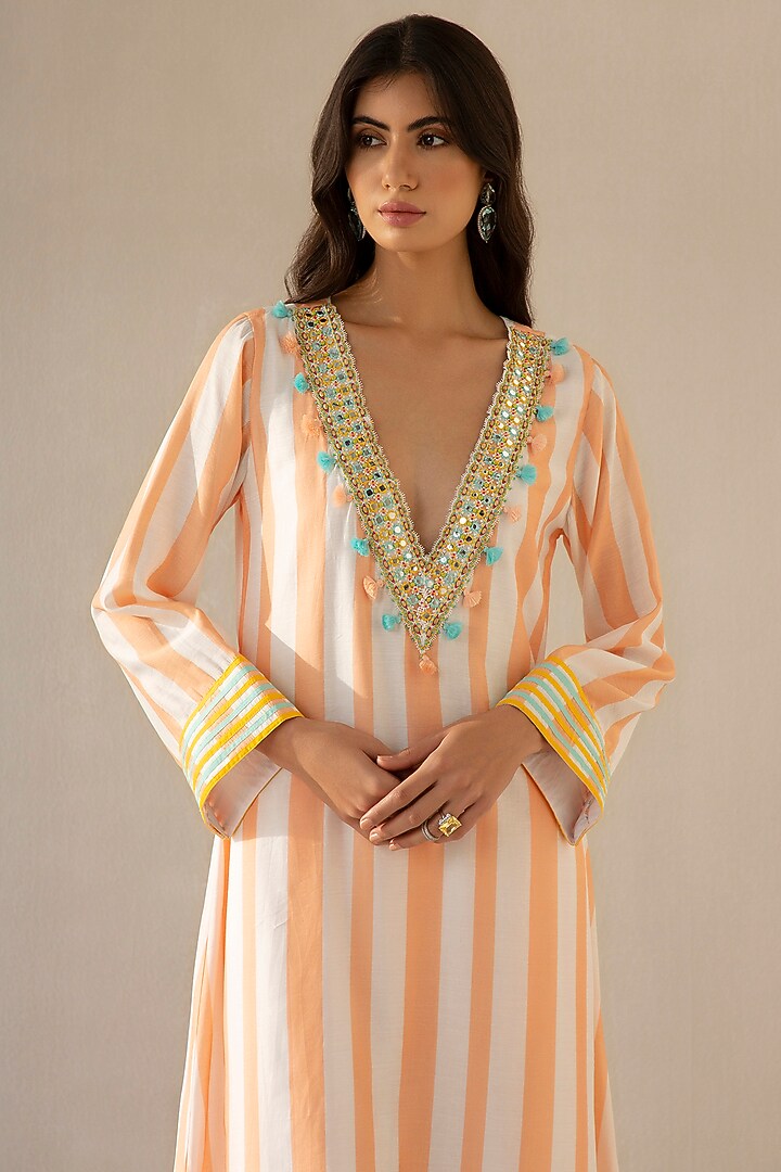 Peach & Ivory Cotton Chanderi Embroidered Kurta Set by Sureena Chowdhri at Pernia's Pop Up Shop