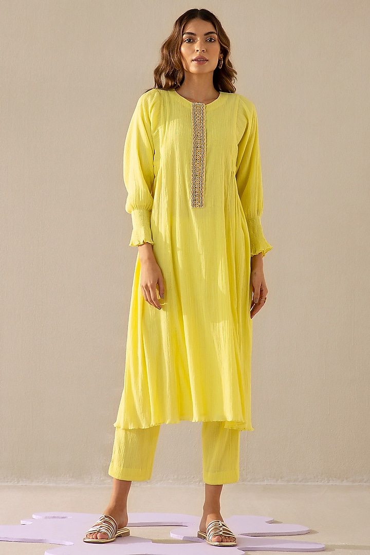 Lemon Yellow Cotton Gauze Embroidered Kurta Set by Sureena Chowdhri at