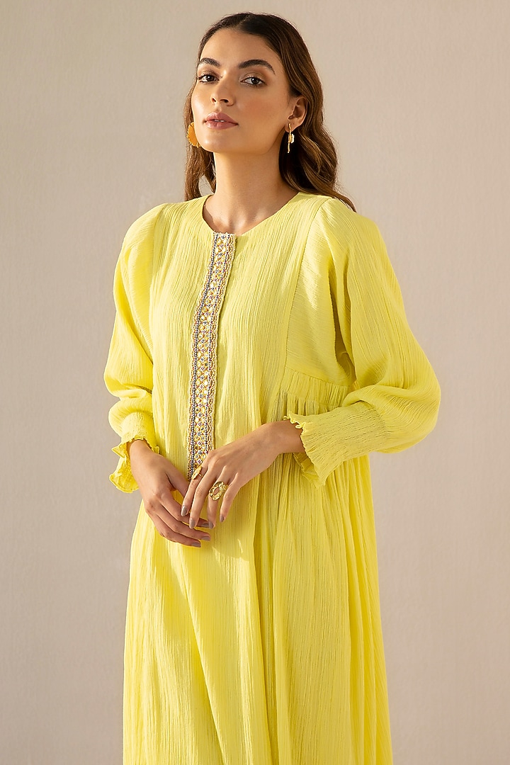 Lemon Yellow Cotton Gauze Embroidered Kurta Set by Sureena Chowdhri at Pernia's Pop Up Shop