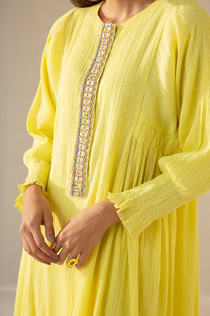 Lemon Yellow Cotton Gauze Embroidered Kurta Set by Sureena Chowdhri at Pernia's Pop Up Shop