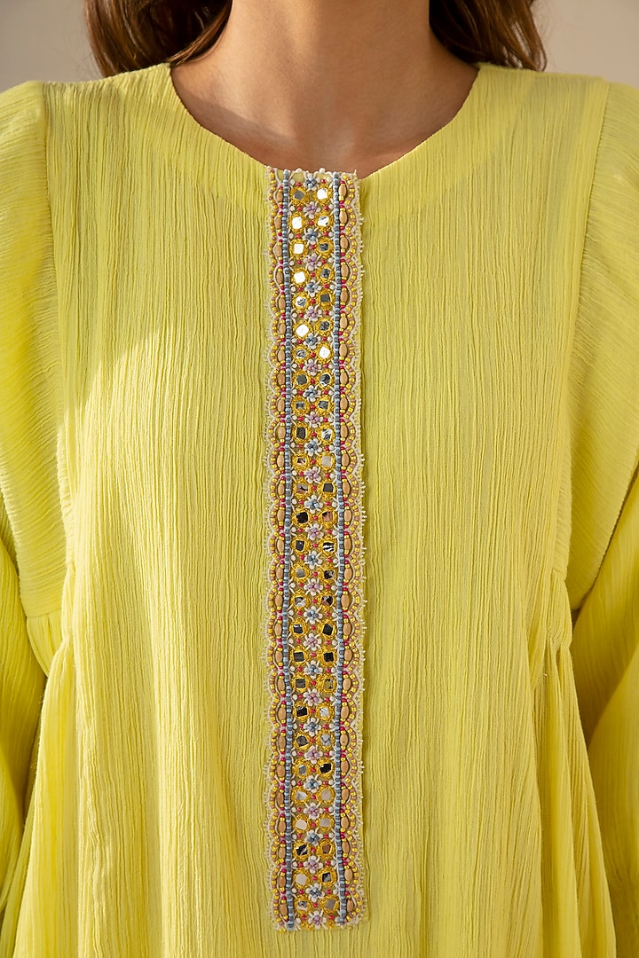Lemon Yellow Cotton Gauze Embroidered Kurta Set by Sureena Chowdhri at Pernia's Pop Up Shop