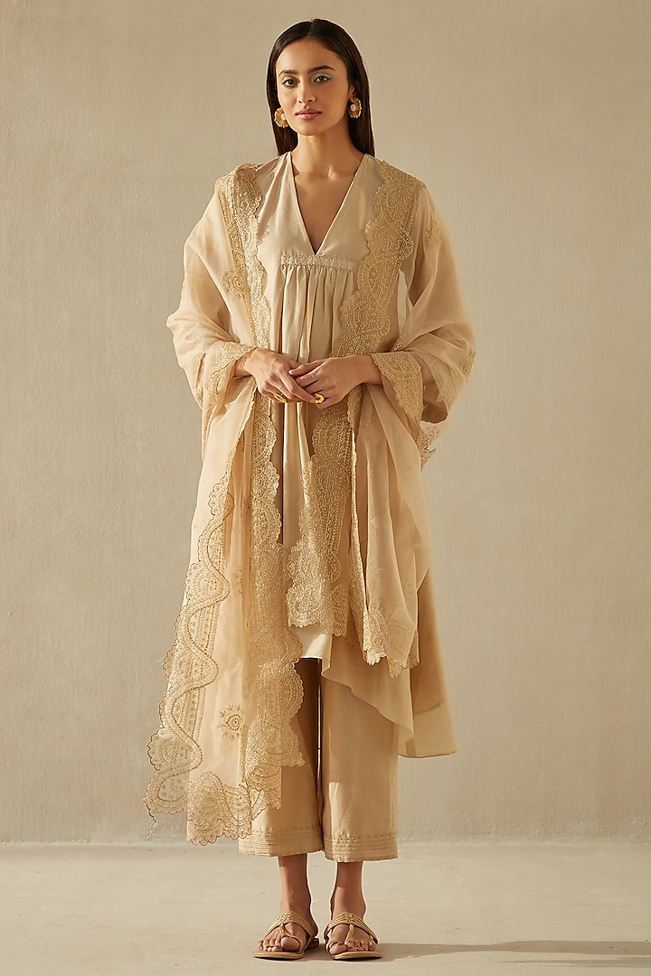 Beige Silk Chanderi Embroidered Kurta Set by Sureena Chowdhri