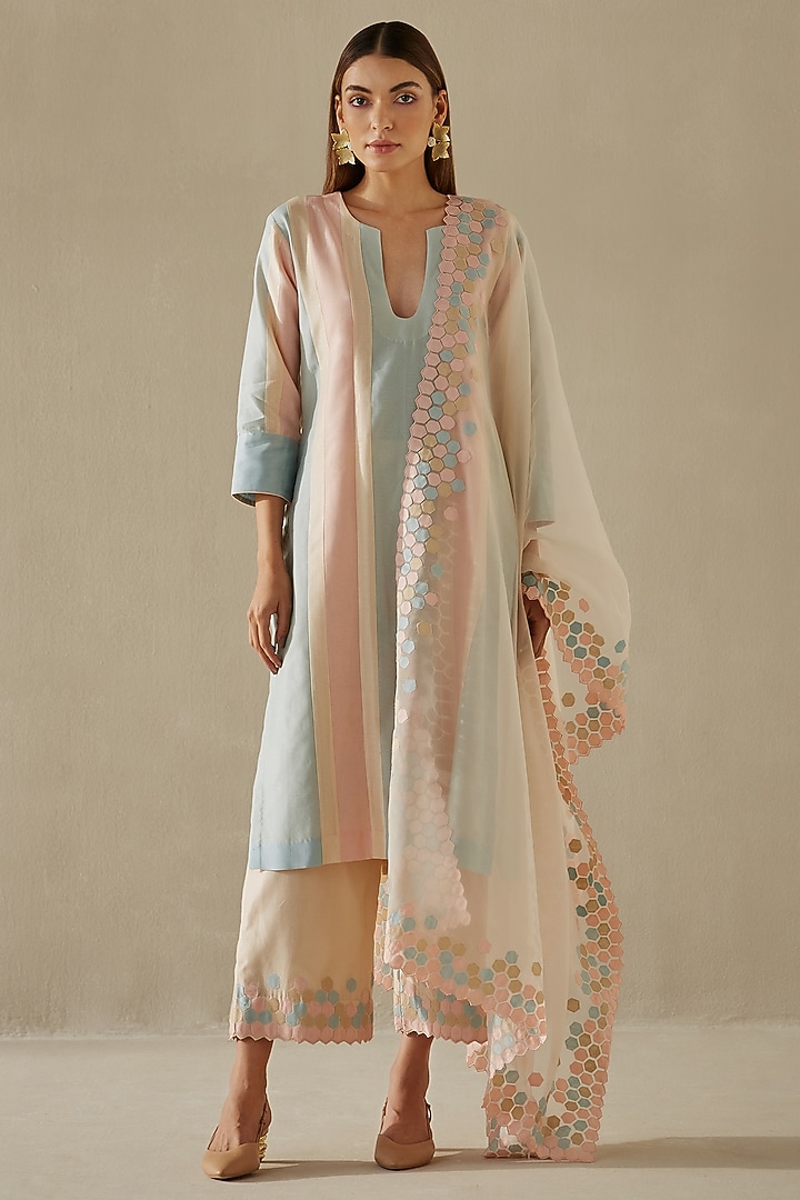 Peach & Powder Blue Silk Chanderi Kurta Set by Sureena Chowdhri at Pernia's Pop Up Shop