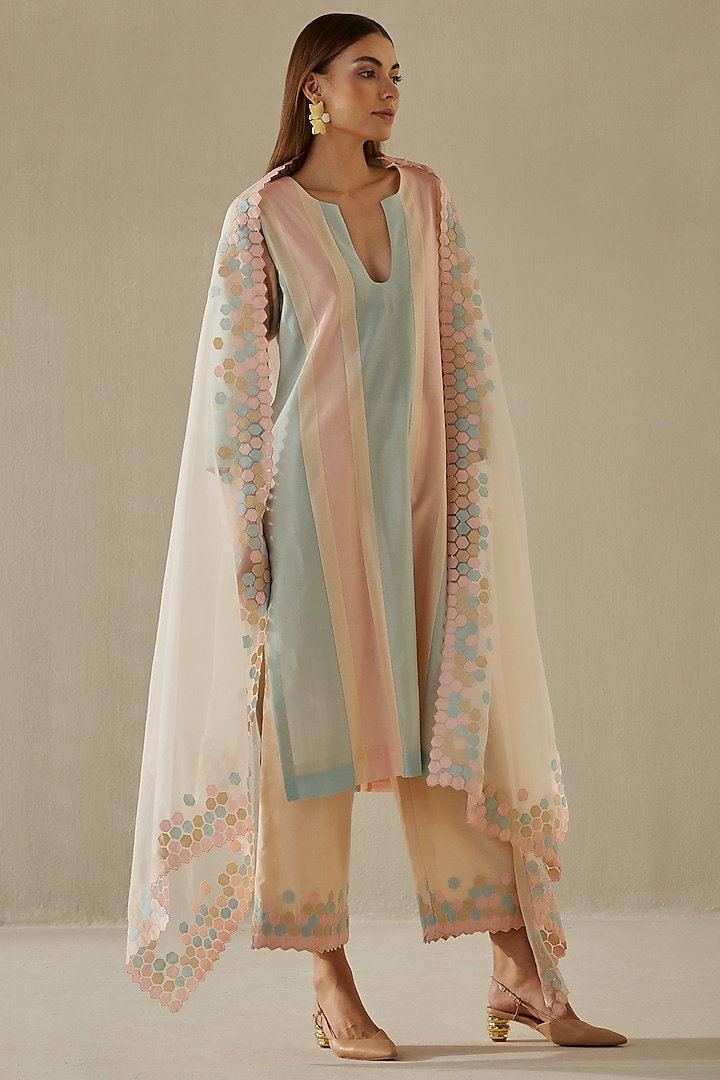 Peach & Powder Blue Silk Chanderi Kurta Set by Sureena Chowdhri at Pernia's Pop Up Shop