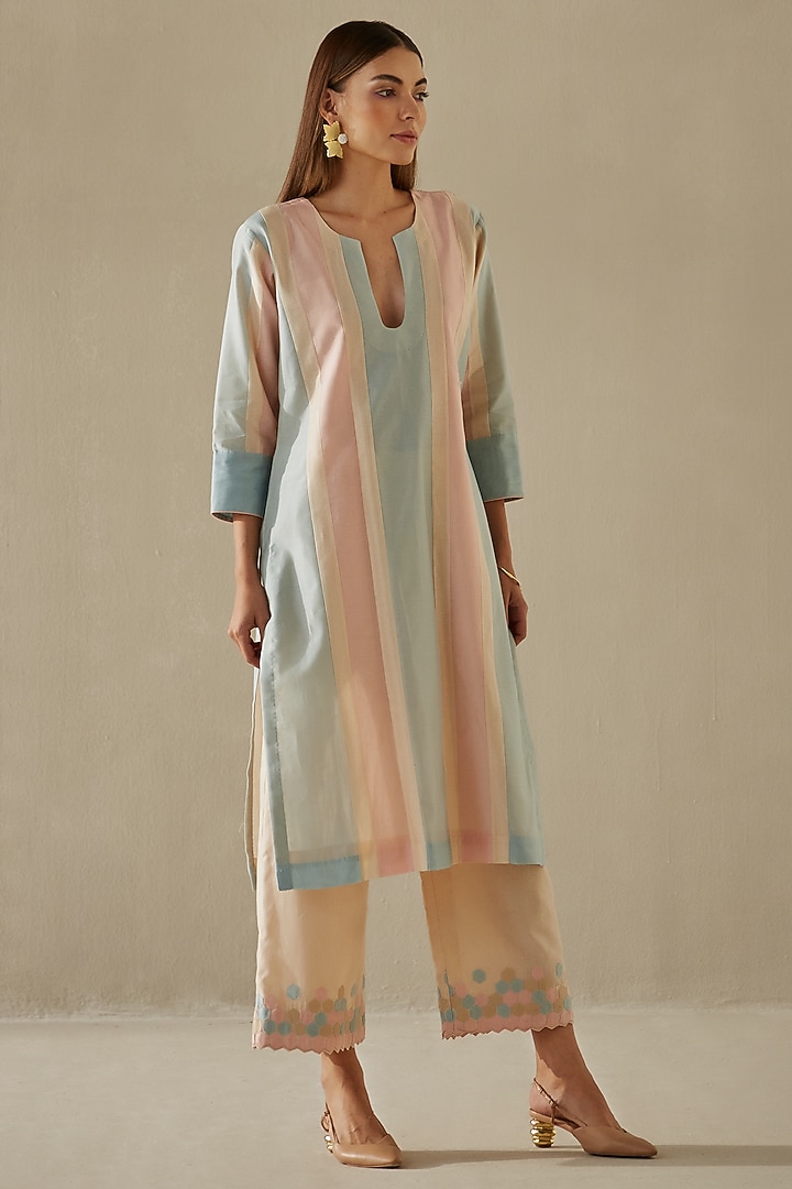 Peach & Powder Blue Silk Chanderi Kurta Set by Sureena Chowdhri at Pernia's Pop Up Shop