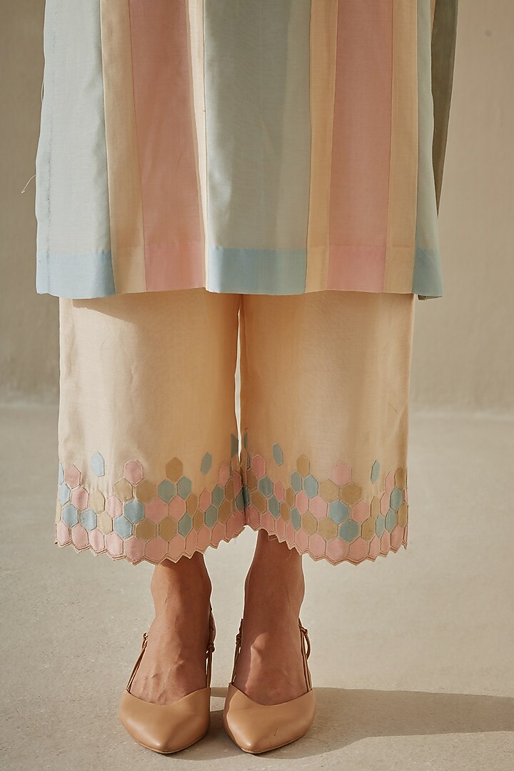 Peach & Powder Blue Silk Chanderi Kurta Set by Sureena Chowdhri at Pernia's Pop Up Shop