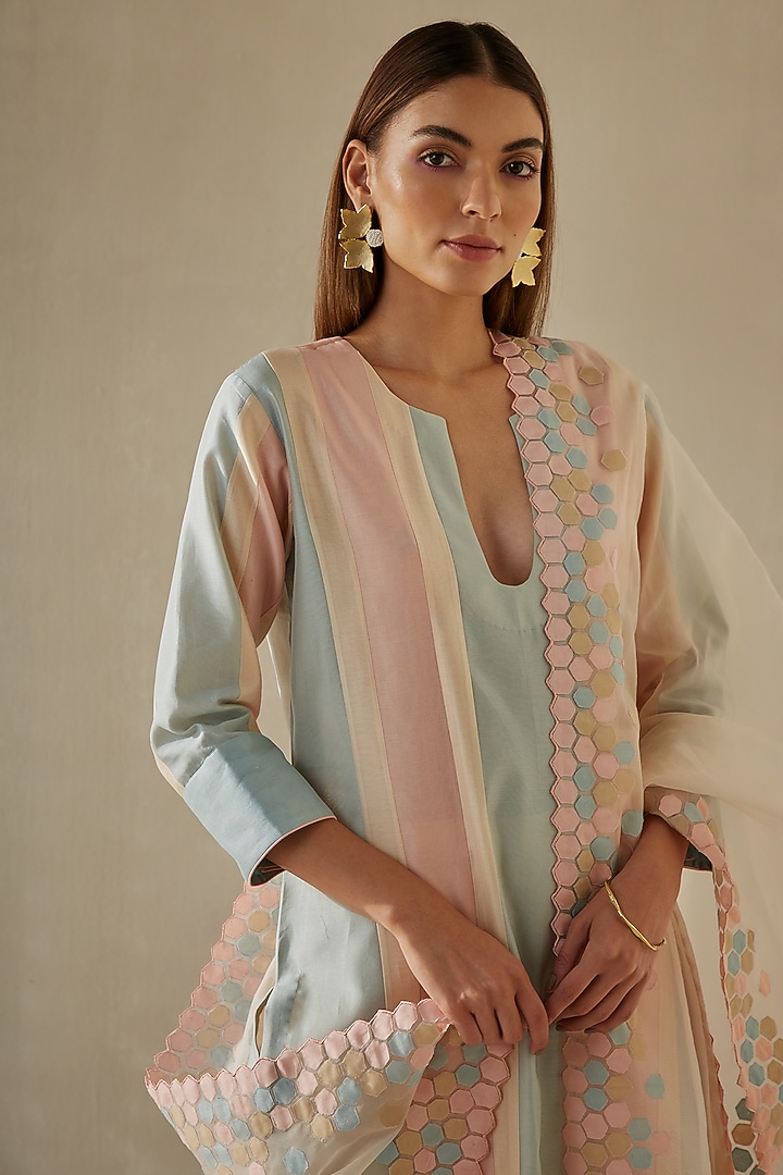 Peach & Powder Blue Silk Chanderi Kurta Set by Sureena Chowdhri at Pernia's Pop Up Shop