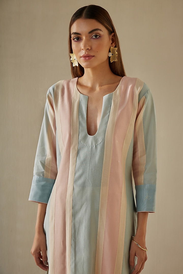 Peach & Powder Blue Silk Chanderi Kurta Set by Sureena Chowdhri at Pernia's Pop Up Shop