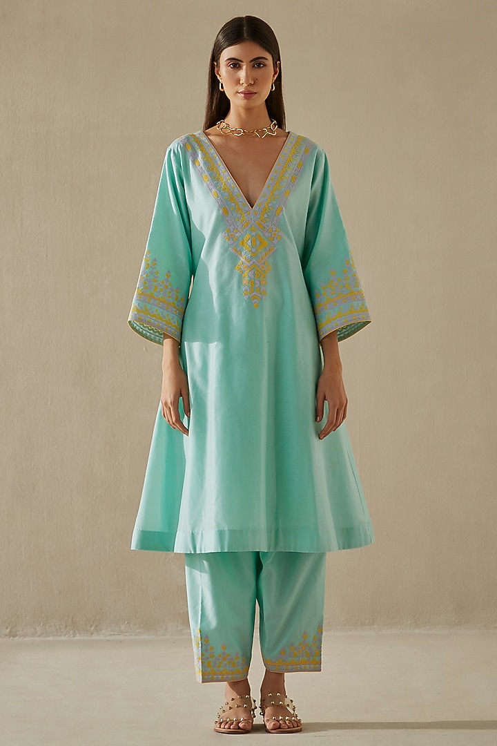 Sea Green Silk Chanderi Kurta Set by Sureena Chowdhri at Pernia's Pop Up Shop