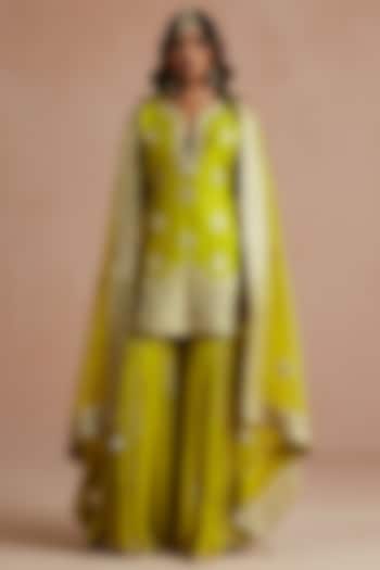 Mehendi Green Georgette Gharara Set by Sureena Chowdhri at Pernia's Pop Up Shop