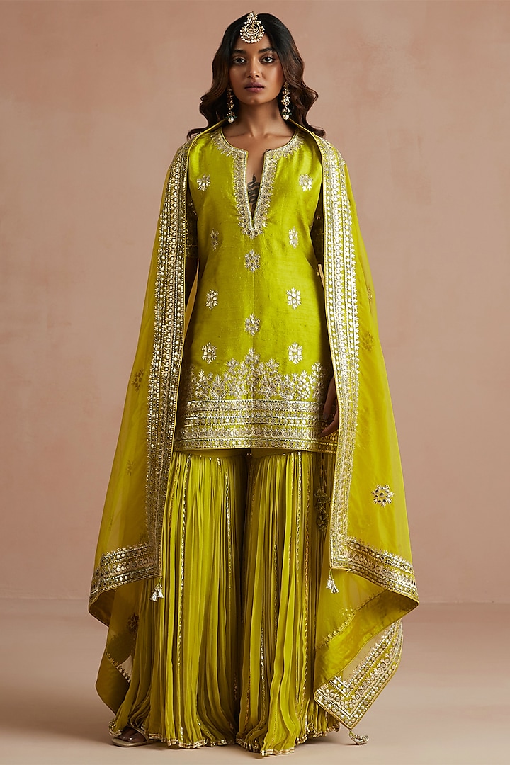 Mehendi Green Georgette Gharara Set by Sureena Chowdhri at Pernia's Pop Up Shop