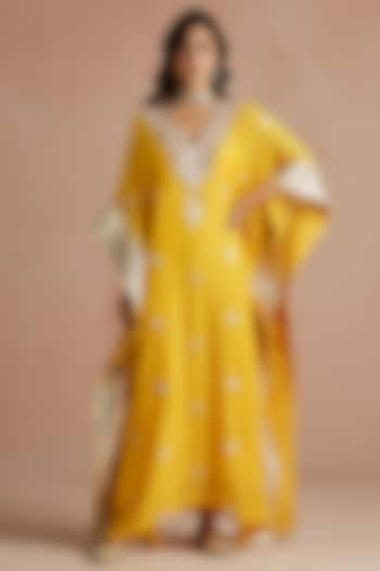 Yellow Pure Muslin Embellished Kaftan by Sureena Chowdhri