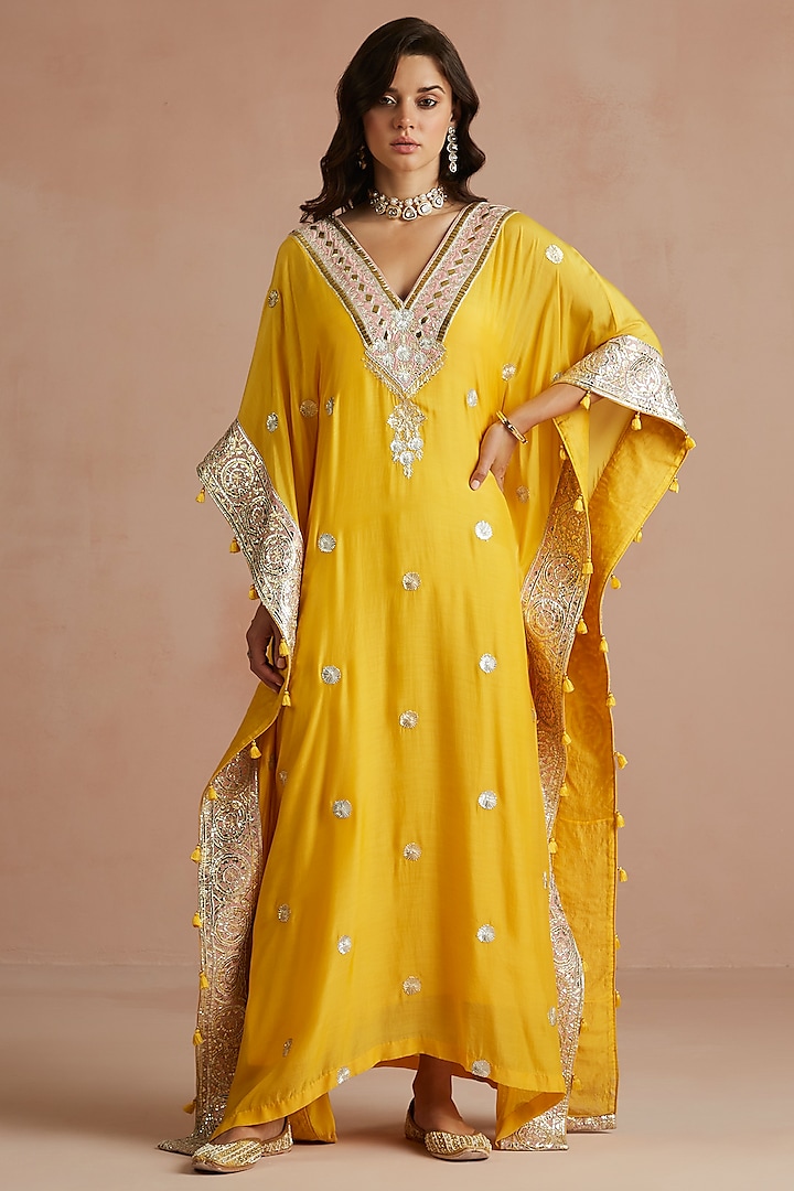 Yellow Pure Muslin Embellished Kaftan by Sureena Chowdhri