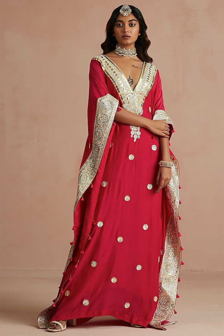 Crimson Magenta Pure Muslin Embellished Kaftan by Sureena Chowdhri