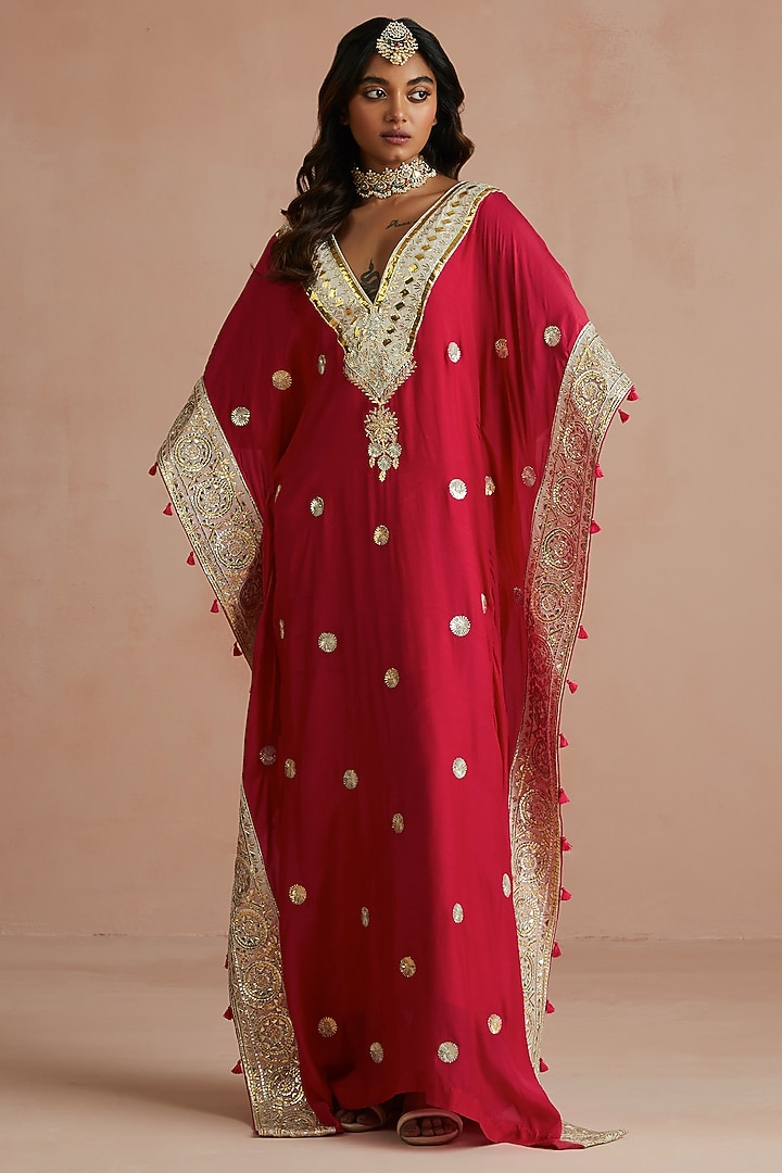 Crimson Magenta Pure Muslin Embellished Kaftan by Sureena Chowdhri at Pernia's Pop Up Shop