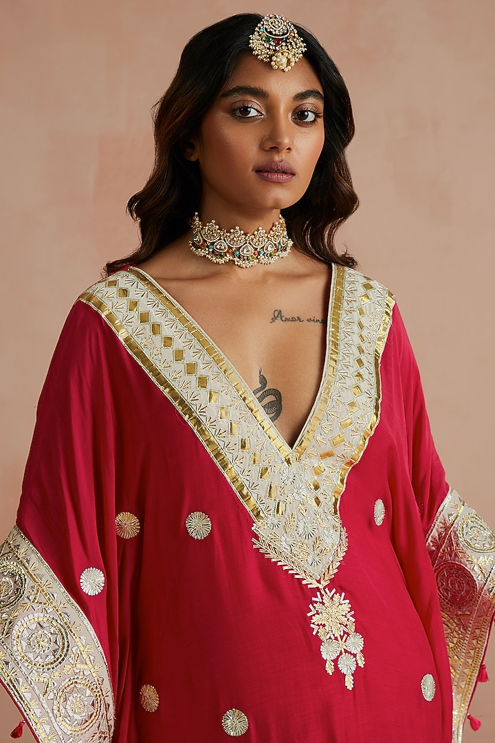 Crimson Magenta Pure Muslin Embellished Kaftan by Sureena Chowdhri at Pernia's Pop Up Shop