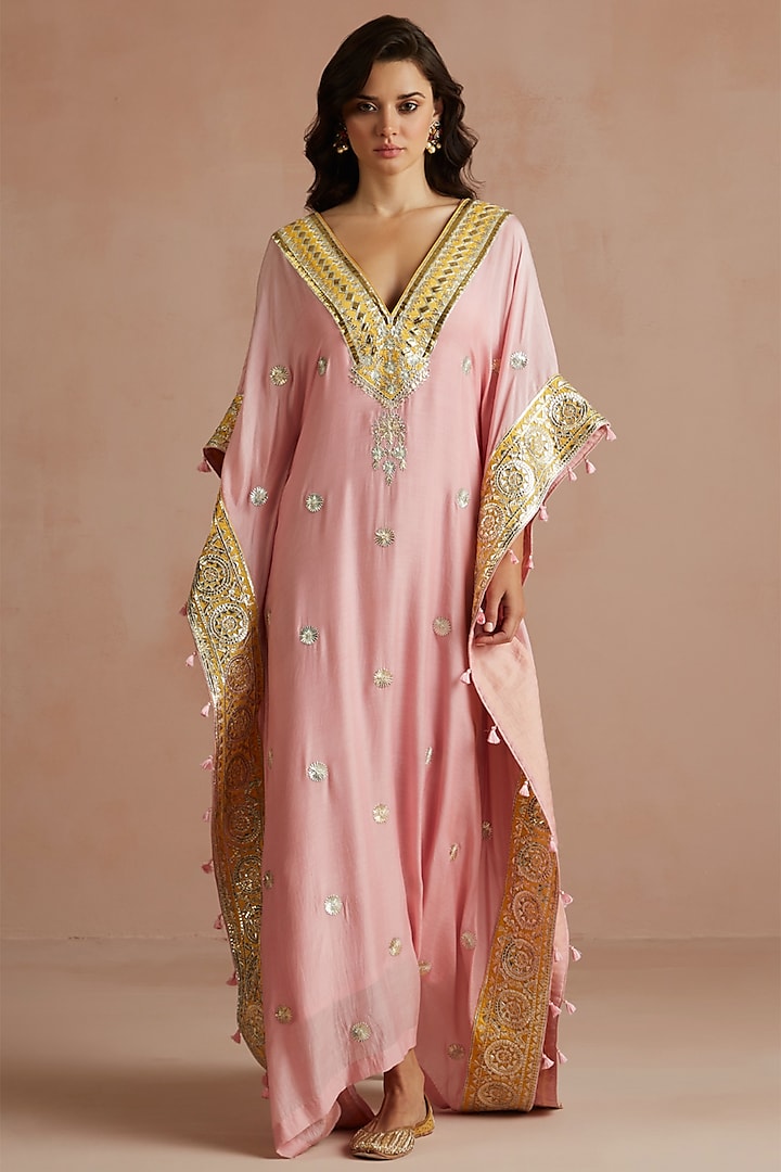 Blush Pink Pure Muslin Embellished Kaftan by Sureena Chowdhri