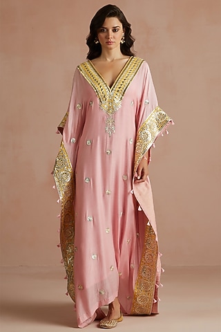 Blush Pink Pure Muslin Embellished Kaftan by Sureena Chowdhri