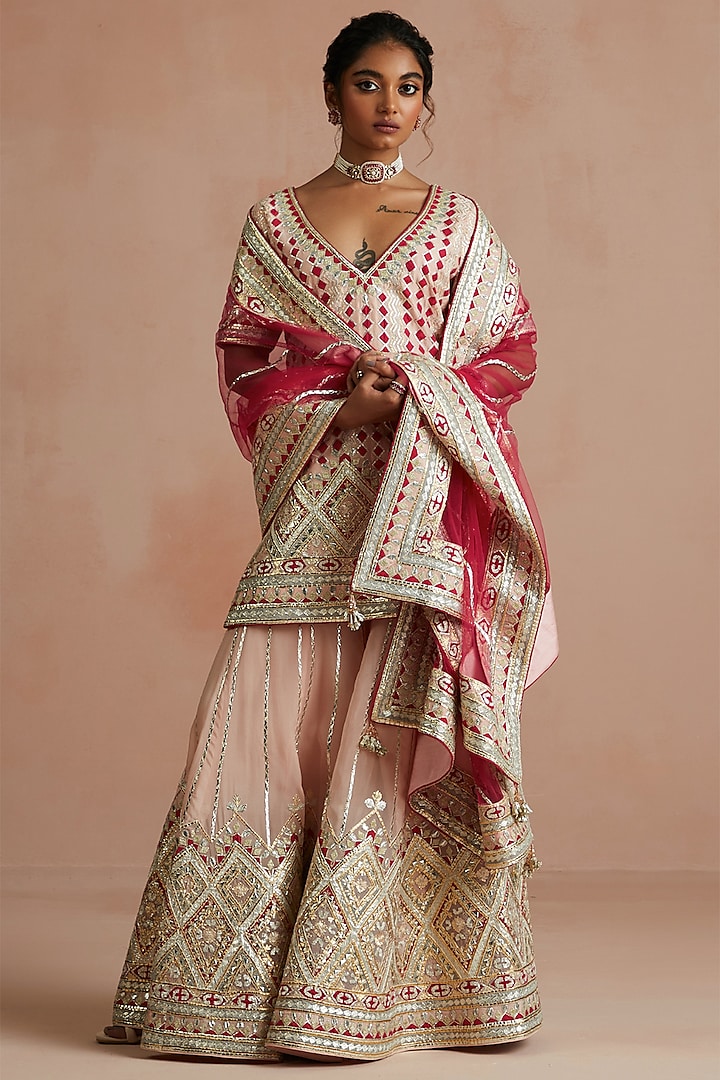 Peach & Crimson Silk Chanderi Embroidered Gharara Set by Sureena Chowdhri at Pernia's Pop Up Shop