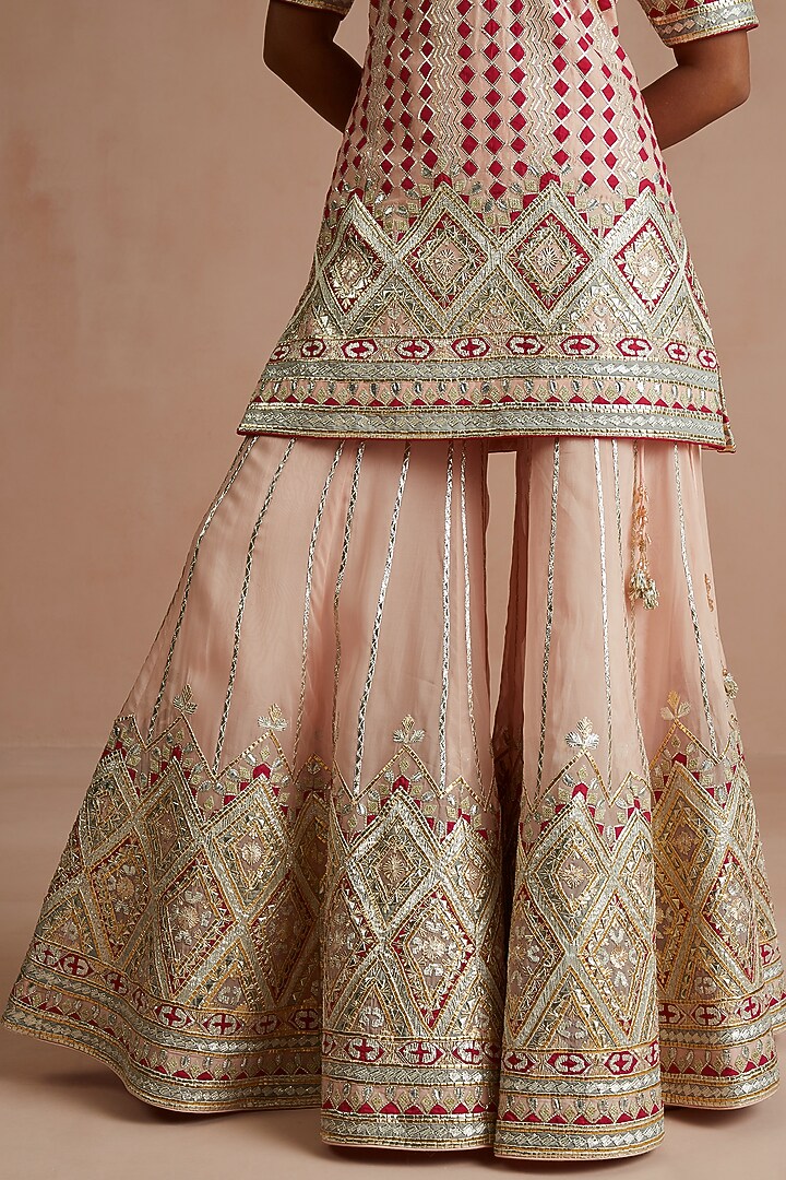 Peach & Crimson Silk Chanderi Embroidered Gharara Set by Sureena Chowdhri at Pernia's Pop Up Shop