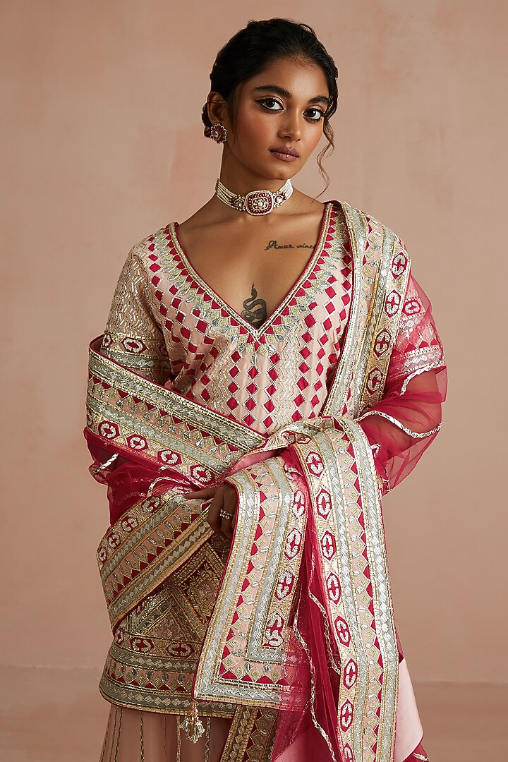 Peach & Crimson Silk Chanderi Embroidered Gharara Set by Sureena Chowdhri at Pernia's Pop Up Shop