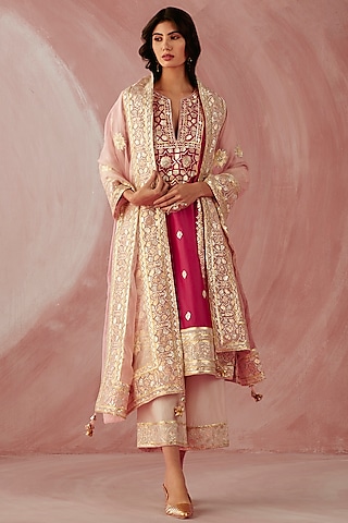 Crimson Silk Chanderi Embroidered Kurta Set by Sureena Chowdhri