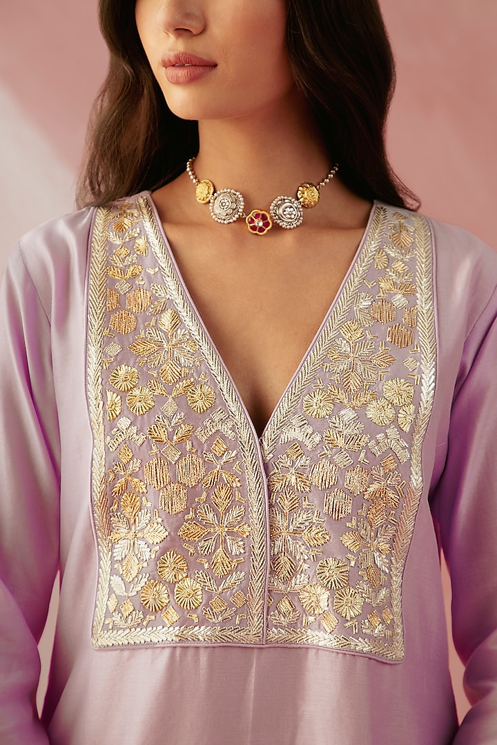 Lilac Silk Chanderi Embroidered Kurta Set by Sureena Chowdhri at Pernia's Pop Up Shop
