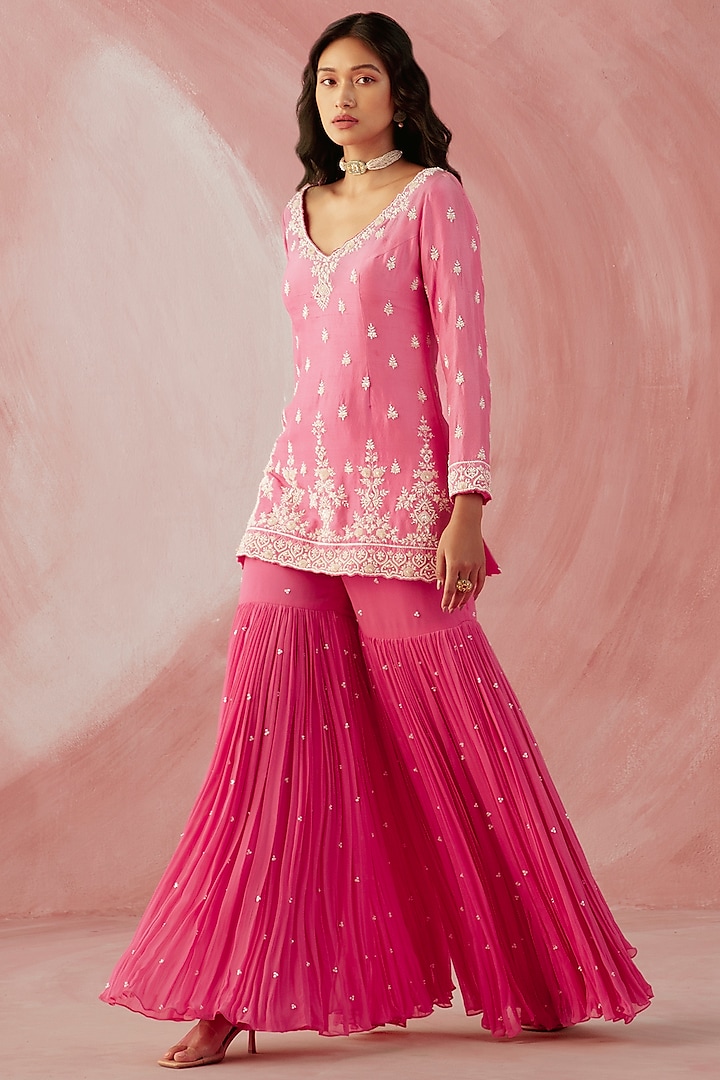 Fuchsia Pink Georgette Gharara Set by Sureena Chowdhri at Pernia's Pop Up Shop