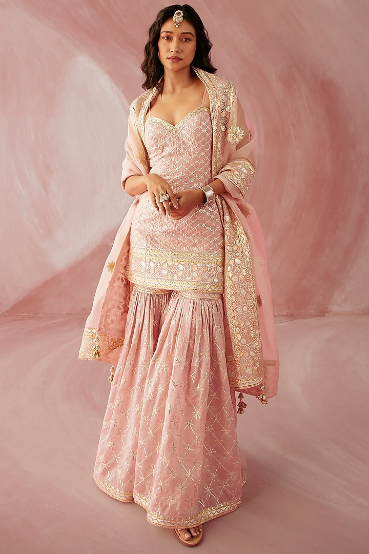 Blush Pink Silk Chanderi Embroidered Gharara Set by Sureena Chowdhri