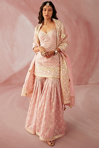Blush Pink Silk Chanderi Embroidered Gharara Set by Sureena Chowdhri