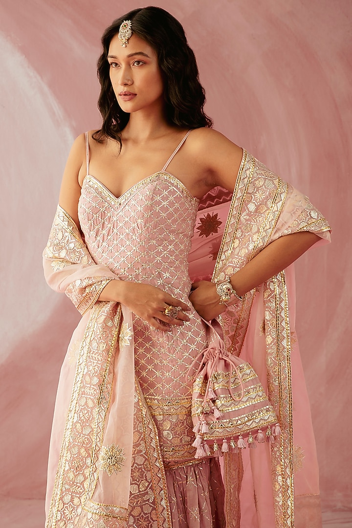 Blush Pink Silk Chanderi Embroidered Gharara Set by Sureena Chowdhri at Pernia's Pop Up Shop