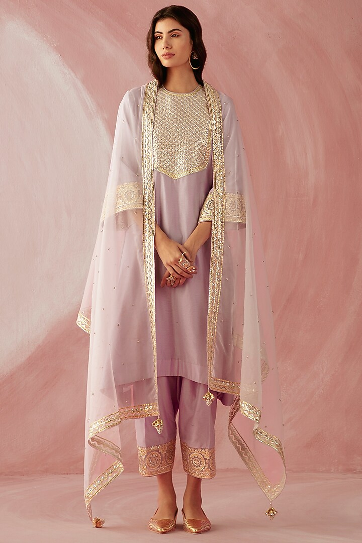 Lilac Silk Chanderi Embroidered A-Line Kurta Set by Sureena Chowdhri at Pernia's Pop Up Shop