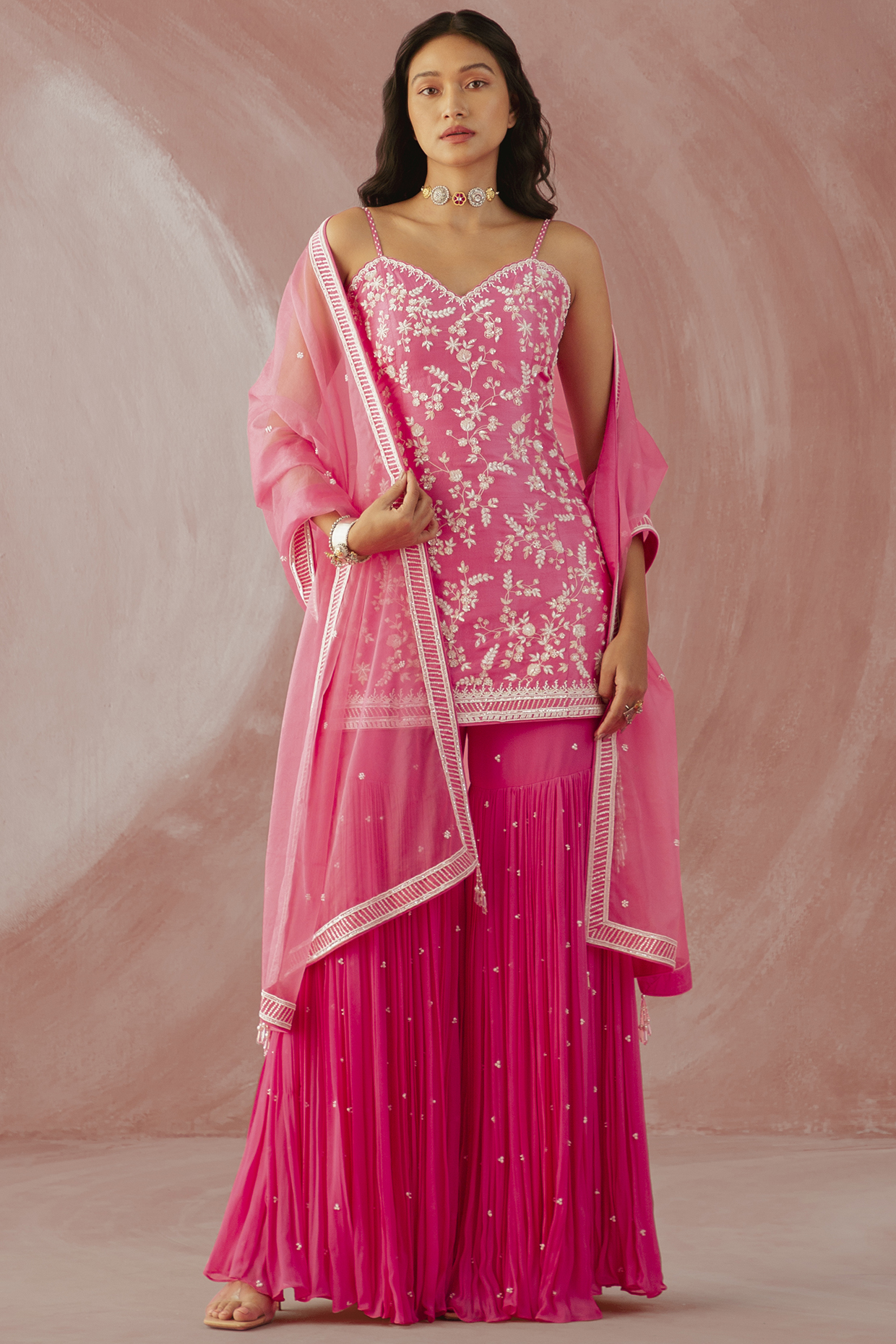 Fuchsia Pink Georgette Flared Gharara Set by Sureena Chowdhri at Pernia's Pop Up Shop