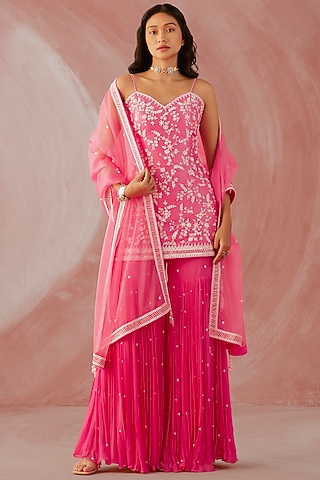 Fuchsia Pink Georgette Flared Gharara Set by Sureena Chowdhri