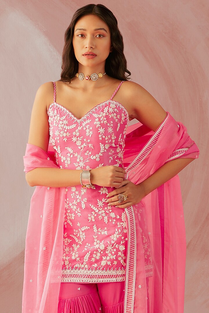 Fuchsia Pink Georgette Flared Gharara Set by Sureena Chowdhri at Pernia's Pop Up Shop