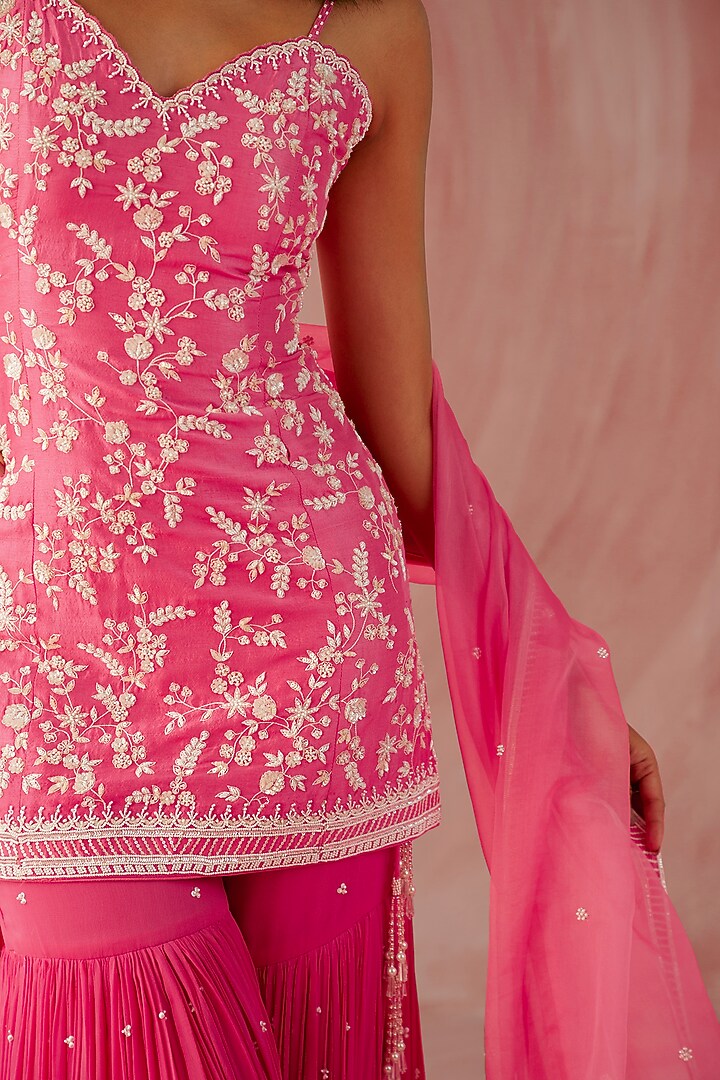 Fuchsia Pink Georgette Flared Gharara Set by Sureena Chowdhri at Pernia's Pop Up Shop