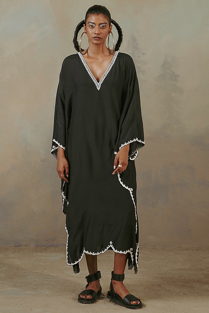 Ebony Black Muslin Embroidered Kaftan by Sureena Chowdhri at Pernia's Pop Up Shop