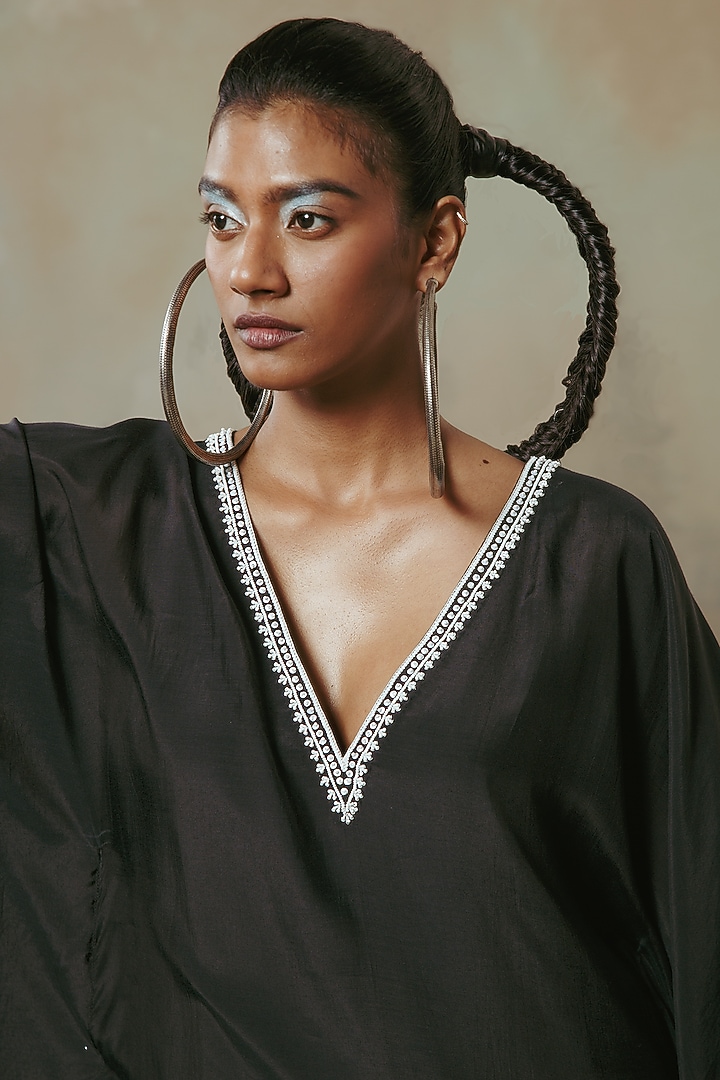 Ebony Black Muslin Embroidered Kaftan by Sureena Chowdhri at Pernia's Pop Up Shop