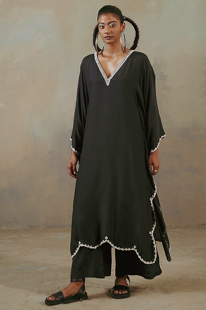 Ebony Black Muslin Embroidered Kaftan by Sureena Chowdhri at Pernia's Pop Up Shop