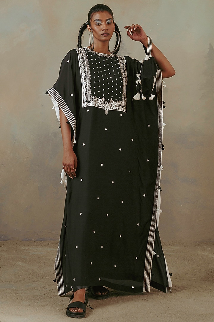 Ebony Black Muslin Embroidered Kaftan by Sureena Chowdhri at Pernia's Pop Up Shop