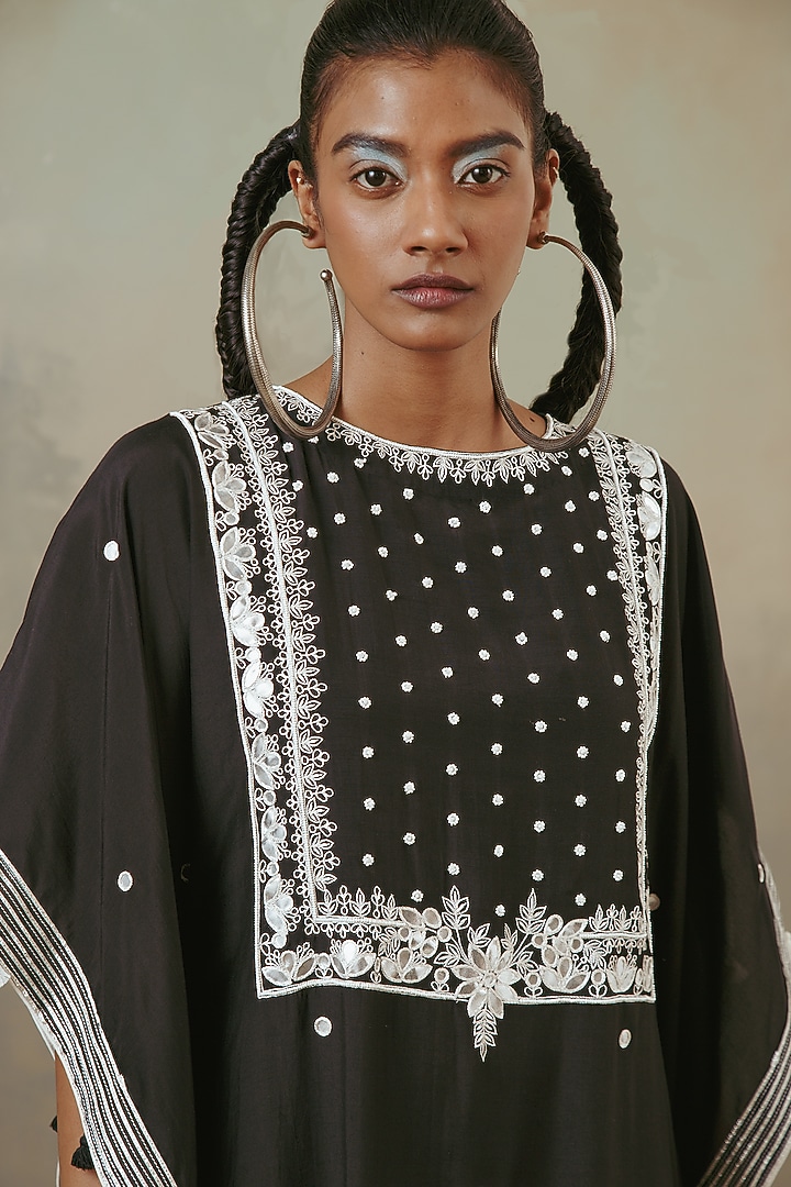 Ebony Black Muslin Embroidered Kaftan by Sureena Chowdhri at Pernia's Pop Up Shop