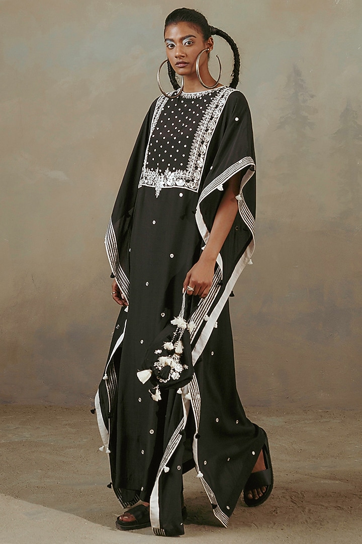 Ebony Black Muslin Embroidered Kaftan by Sureena Chowdhri at Pernia's Pop Up Shop