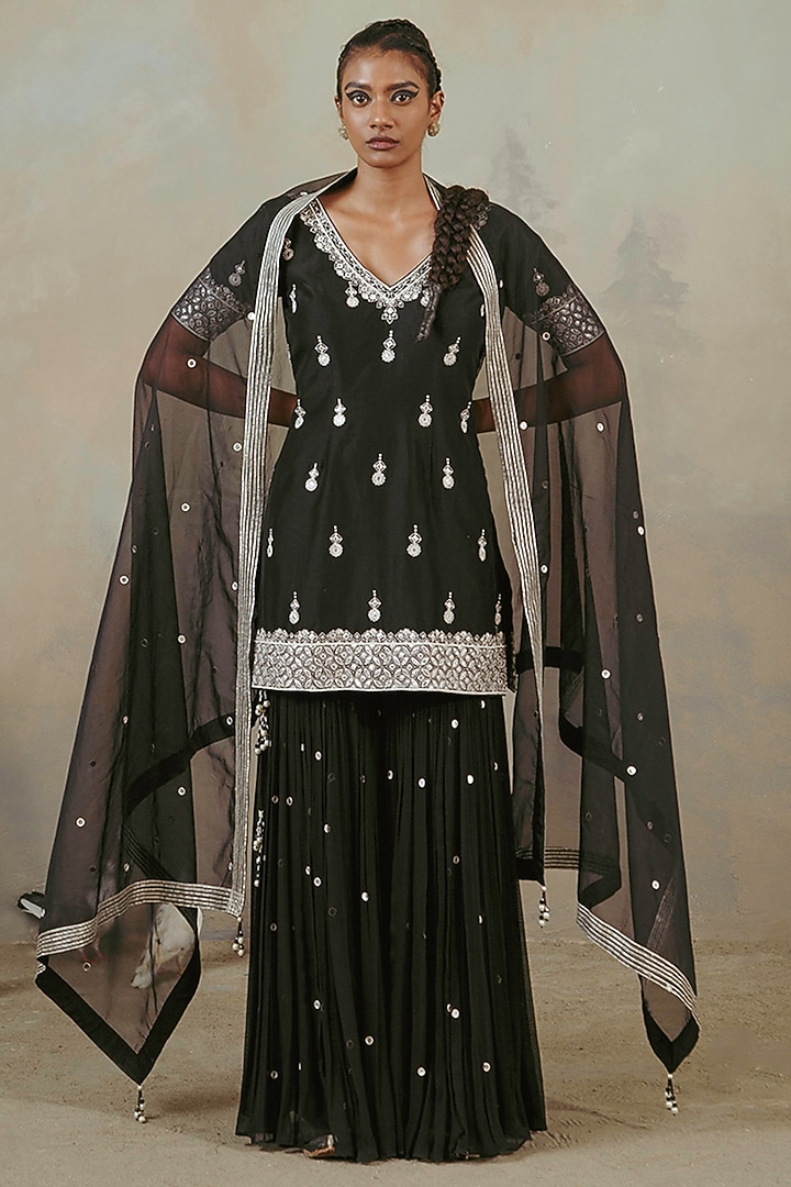 Ebony Black Georgette Gharara Set by Sureena Chowdhri at Pernia's Pop Up Shop
