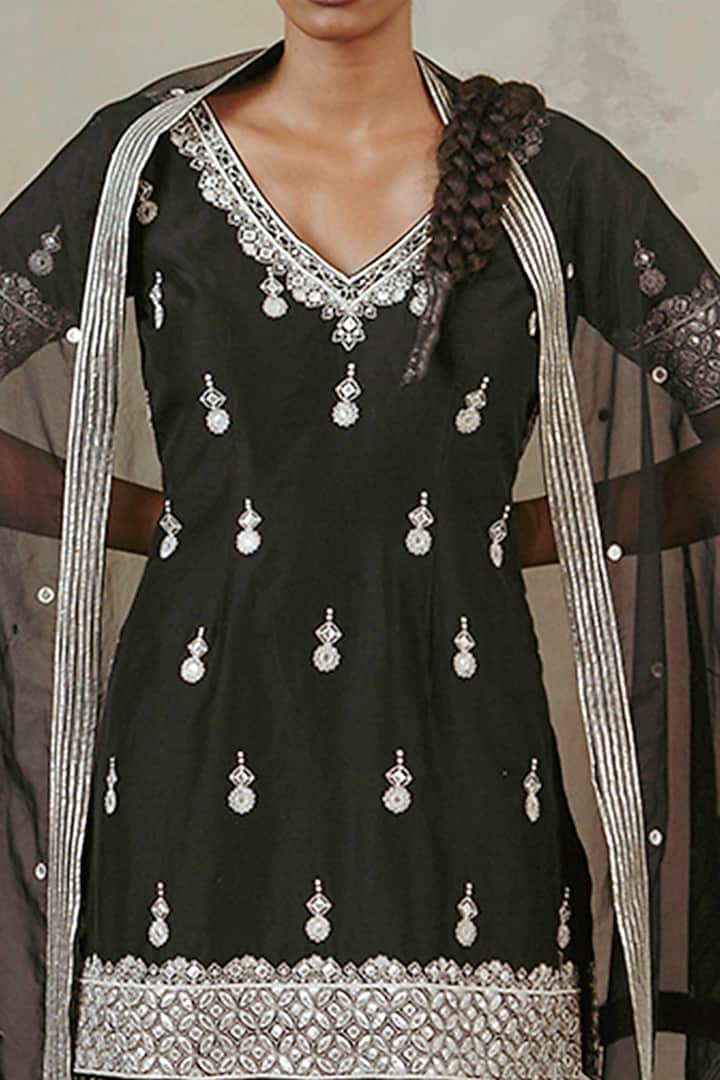 Ebony Black Georgette Gharara Set by Sureena Chowdhri at Pernia's Pop Up Shop