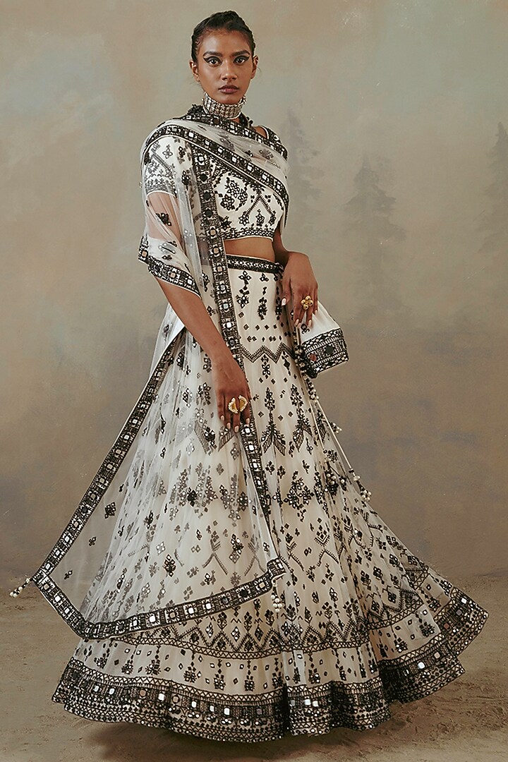 Ivory & Ebony Net Embroidered Wedding Lehenga Set by Sureena Chowdhri at Pernia's Pop Up Shop