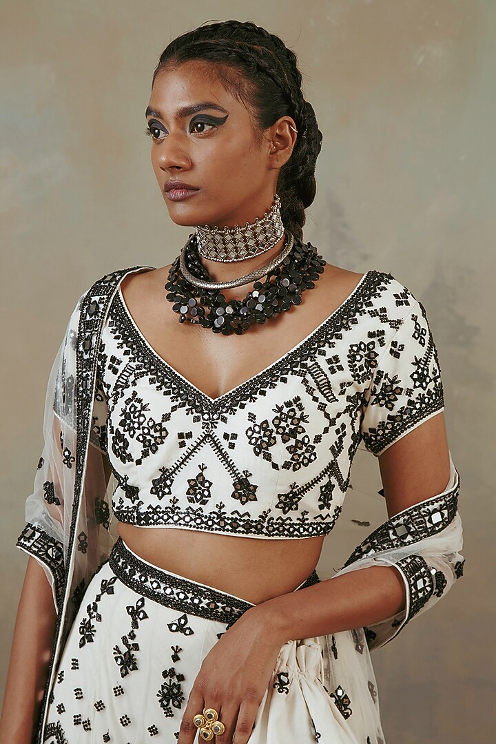 Ivory & Ebony Net Embroidered Wedding Lehenga Set by Sureena Chowdhri at Pernia's Pop Up Shop